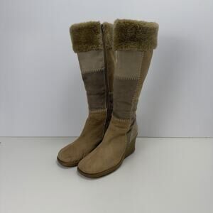 Y2K Wanted Faux Suede Patchwork Mid-Calf Wedge Boots — Women's Size 8
